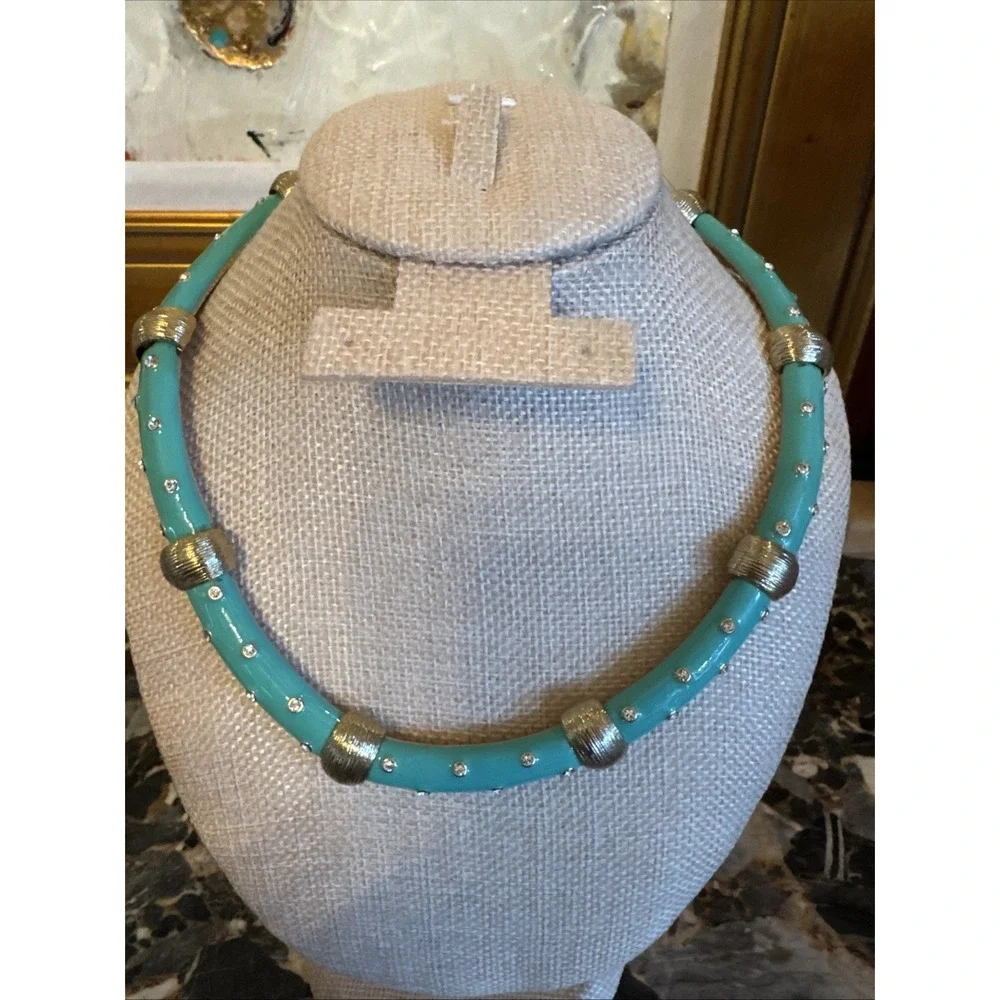Vintage Turquoise Color Bamboo Enamel & Rhinestone‎ Choker Spring Perfection